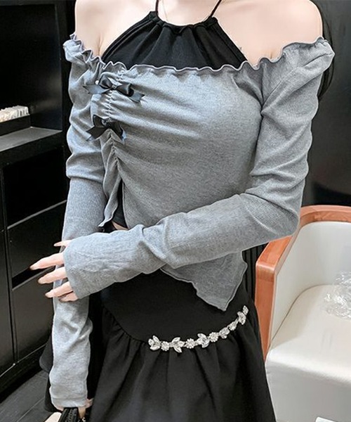 Lace Ladies(レースレディース)の「リボン付き メロウフリル Uネック 長袖 カットソー(Tシャツ/カットソー・レディース・グレー・M)」の8枚目の写真