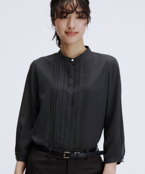 ブラウス シャツ 「UVカット・速乾」大人可愛い！バンドカラーはしごレースブラウス/ホワイト/チャコールグレー/7分袖｜通勤＆オフィス＆入卒＆セレモニ AOYAMA ブラウス シャツ 「UVカット・速乾」大人可愛い！バンド