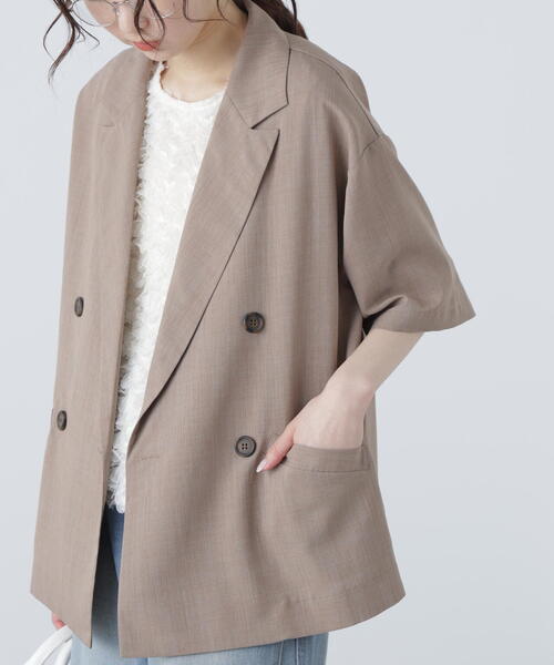 FREE'S MART（フリーズマート）の「◆半袖オーバーサイズジャケット（テーラードジャケット・レディース・ブラウン/グレー・SMALL/MEDIUM）」の2枚目の写真