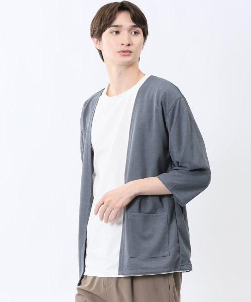 m.f.editorial(エムエフエディトリアル)の「アンサンブル 2枚 セット メンズ 7分袖 カーディガン & 半袖 Tシャツ カウラ/Kaule(アンサンブル・メンズ・グレー系その他2/ブルー/ライトグレー・LARGE/X-LARGE/MEDIUM)」の2枚目の写真