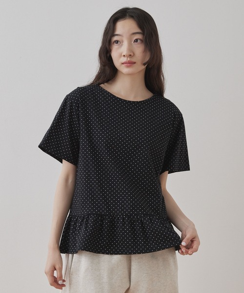 Unblend】裾フリル ドット柄 ハーフスリーブTシャツ MONO-MART