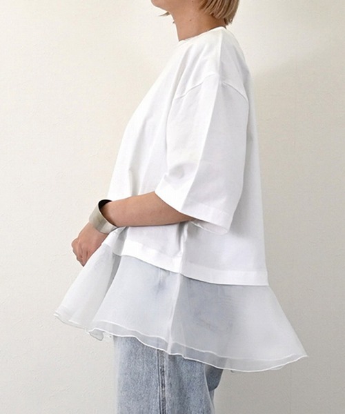 STYLEBLOCK（スタイルブロック）の「綿天竺オーガンジーフリルヘムTシャツ（Tシャツ/カットソー・レディース・ブラック/ホワイト/ホワイト系その他・M）」の8枚目の写真