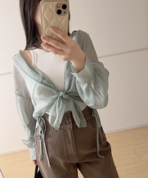 Belle Cie(ベルシー)の「透け感と脇リボンでふわふわガーリー シアーシャツトップス(シャツ/ブラウス・レディース・アイボリー/ミント/パープル/ラベンダー/ホワイト/ピンク・FREE)」の10枚目の写真