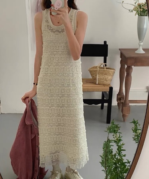 gossip！ロサンゼルス（ゴシップロサンゼルス）の「モコモコレースニット ノースリーブフェミニンワンピース（ジャンパースカート・レディース・オフホワイト・M/L）」の7枚目の写真