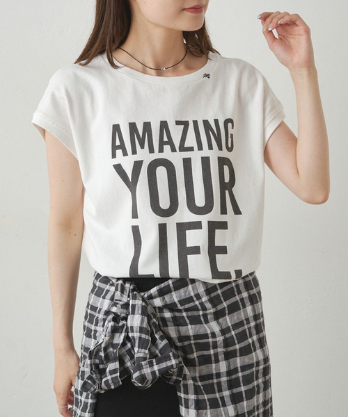 PUAL CE CIN(ピュアルセシン)の「ショート丈ロゴプリントTシャツ(Tシャツ/カットソー・レディース・オフホワイト/ネイビー・FREE)」の2枚目の写真