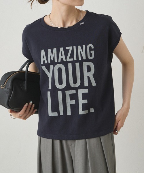 PUAL CE CIN(ピュアルセシン)の「ショート丈ロゴプリントTシャツ(Tシャツ/カットソー・レディース・オフホワイト/ネイビー・FREE)」の8枚目の写真