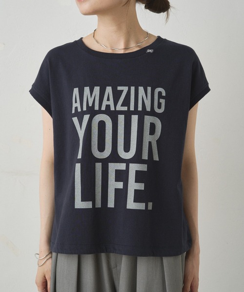 PUAL CE CIN(ピュアルセシン)の「ショート丈ロゴプリントTシャツ(Tシャツ/カットソー・レディース・オフホワイト/ネイビー・FREE)」の13枚目の写真