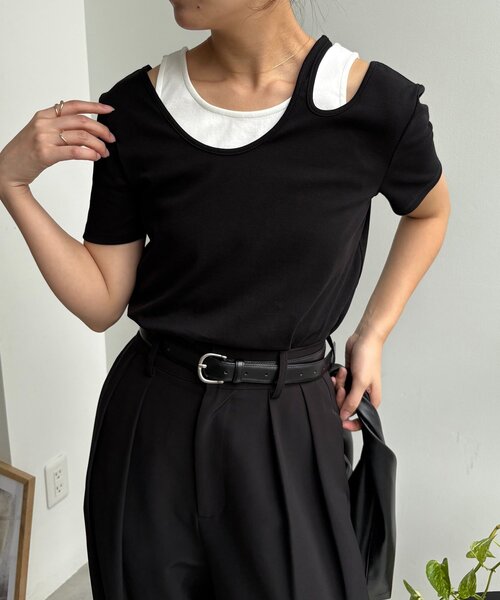 レイヤードアシメネックTシャツ セール】【1枚で着映え】レイヤードアシメネックTシャツ（T