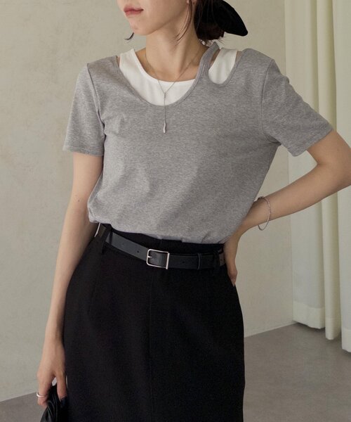 レイヤードアシメネックTシャツ セール】【1枚で着映え】レイヤードアシメネックTシャツ（T
