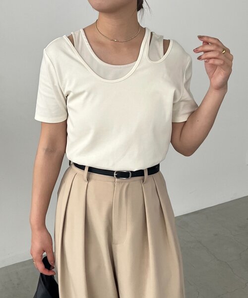 新品 タグ無しCAPRICIEUX LE'MAGE アシメギャザーTシャツ 新色ブラウンが登場/リバイバルアイテム】アシメギャザーTシャツ