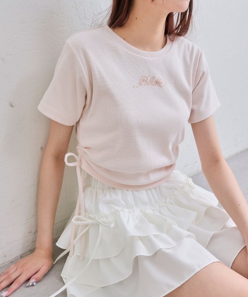 OLIVE des OLIVE(オリーブデオリーブ)の「脇ドロストテレコトップス(Tシャツ/カットソー・レディース・ブラック/ピンク/レッド/オフホワイト・FREE)」の5枚目の写真
