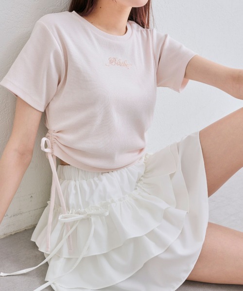 OLIVE des OLIVE(オリーブデオリーブ)の「脇ドロストテレコトップス(Tシャツ/カットソー・レディース・ブラック/ピンク/レッド/オフホワイト・FREE)」の6枚目の写真