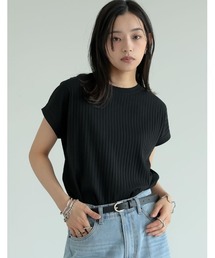 [汗じみ防止][撥水加工][吸水][速乾]ワイドリブカットソーフレンチスリーブTシャツ