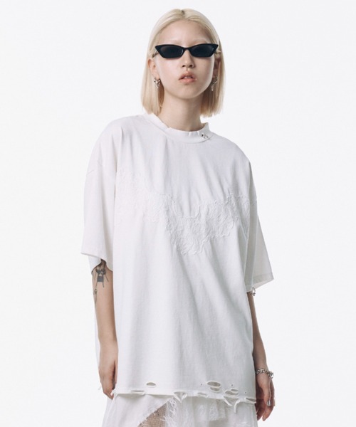 JOSE MOON(ジョゼムーン)の「DAMAGE TSHIRT/ダメージTシャツ(Tシャツ/カットソー・レディース・ホワイト/ベージュ系その他/チャコールグレー/ブルー・FREE)」の2枚目の写真