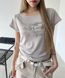 レタリング プリント ボートネック オフショルダー クロップド 半袖 Tシャツ