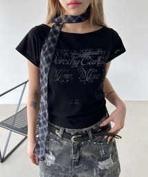 レタリング プリント ボートネック オフショルダー クロップド 半袖 Tシャツ