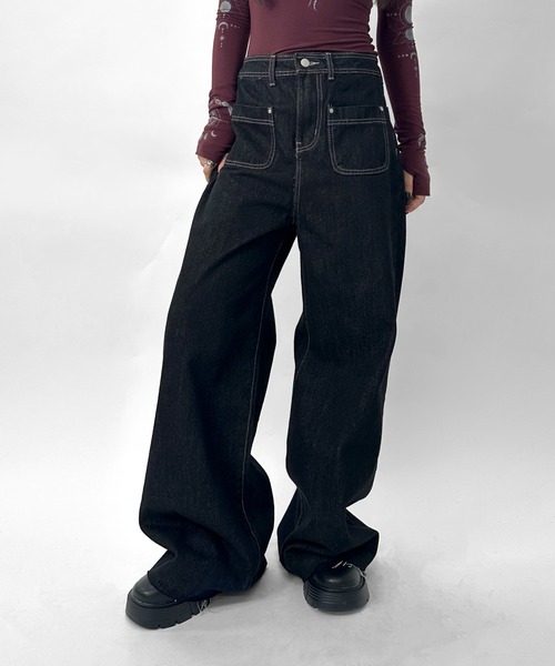 LVEU.(ラブユ.)の「【LVEU.】フロントポケットストレートデニムパンツ / ボトムス パンツ デニム ポケット ストレート バギー ワイド 切りっぱなし カジュアル ワンウォッシュ ブラック ZOZOTOWN限定(デニムパンツ・レディース・ブラック・FREE)」の1枚目の写真