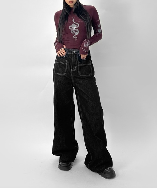 LVEU.(ラブユ.)の「【LVEU.】フロントポケットストレートデニムパンツ / ボトムス パンツ デニム ポケット ストレート バギー ワイド 切りっぱなし カジュアル ワンウォッシュ ブラック ZOZOTOWN限定(デニムパンツ・レディース・ブラック・FREE)」の3枚目の写真