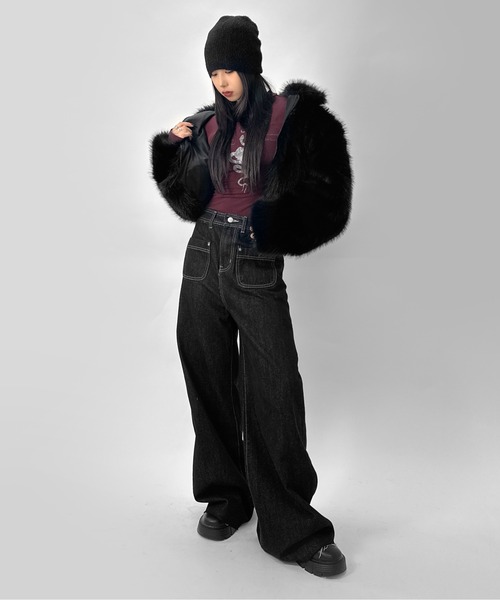 LVEU.(ラブユ.)の「【LVEU.】フロントポケットストレートデニムパンツ / ボトムス パンツ デニム ポケット ストレート バギー ワイド 切りっぱなし カジュアル ワンウォッシュ ブラック ZOZOTOWN限定(デニムパンツ・レディース・ブラック・FREE)」の15枚目の写真