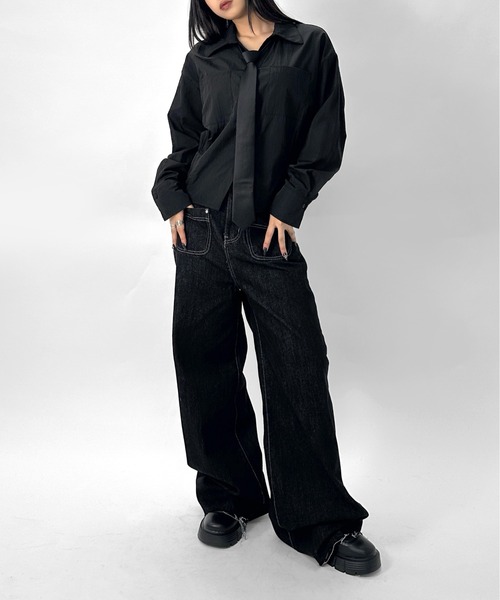 LVEU.(ラブユ.)の「【LVEU.】フロントポケットストレートデニムパンツ / ボトムス パンツ デニム ポケット ストレート バギー ワイド 切りっぱなし カジュアル ワンウォッシュ ブラック ZOZOTOWN限定(デニムパンツ・レディース・ブラック・FREE)」の20枚目の写真