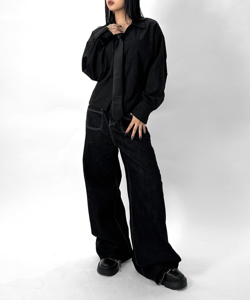 LVEU.(ラブユ.)の「【LVEU.】フロントポケットストレートデニムパンツ / ボトムス パンツ デニム ポケット ストレート バギー ワイド 切りっぱなし カジュアル ワンウォッシュ ブラック ZOZOTOWN限定(デニムパンツ・レディース・ブラック・FREE)」の16枚目の写真