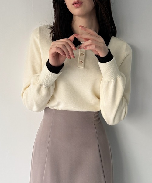 junoah（ジュノア）の「バイカラーボリュームスリーブニットポロ（ニット/セーター・レディース・チャコール/アイボリー/ブラック・LARGE/MEDIUM）」の9枚目の写真