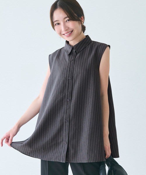 セール】ヘリンボーンストライプノースリーブブラウス（シャツ