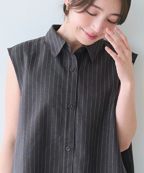 セール】ヘリンボーンストライプノースリーブブラウス（シャツ