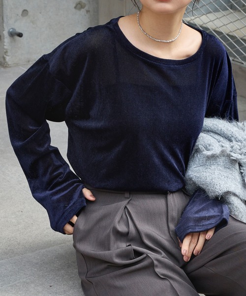 MONO-MART（モノマート）の「シアーベロアクルーネックプルオーバー（Tシャツ/カットソー・レディース・ブラック/アイボリー/ピンク/ダークブラウン/チャコール/ネイビー/サックスブルー/モカ・FREE）」の6枚目の写真