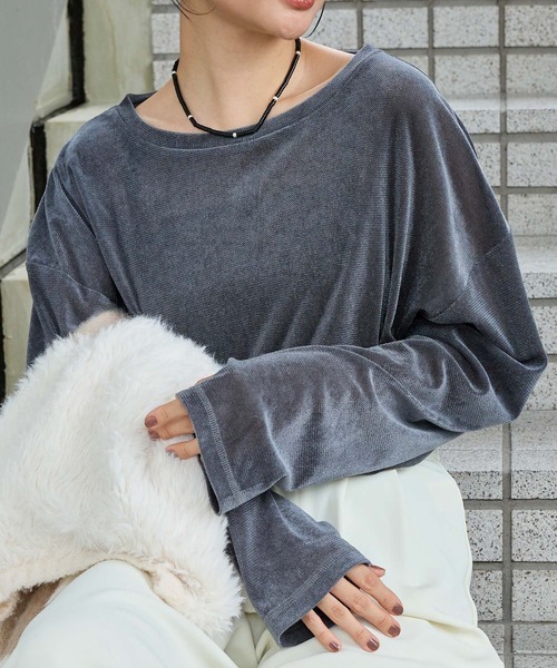 MONO-MART（モノマート）の「シアーベロアクルーネックプルオーバー（Tシャツ/カットソー・レディース・ブラック/アイボリー/ピンク/ダークブラウン/チャコール/ネイビー/サックスブルー/モカ・FREE）」の3枚目の写真