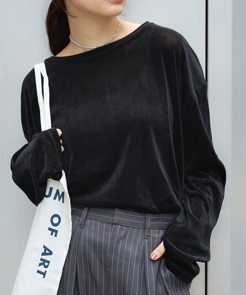 MONO-MART（モノマート）の「シアーベロアクルーネックプルオーバー（Tシャツ/カットソー・レディース・ブラック/アイボリー/ピンク/ダークブラウン/チャコール/ネイビー/サックスブルー/モカ・FREE）」の2枚目の写真