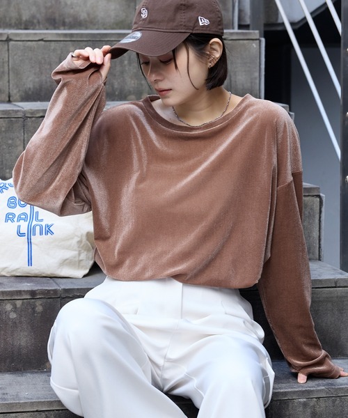 MONO-MART（モノマート）の「シアーベロアクルーネックプルオーバー（Tシャツ/カットソー・レディース・ブラック/アイボリー/ピンク/ダークブラウン/チャコール/ネイビー/サックスブルー/モカ・FREE）」の5枚目の写真