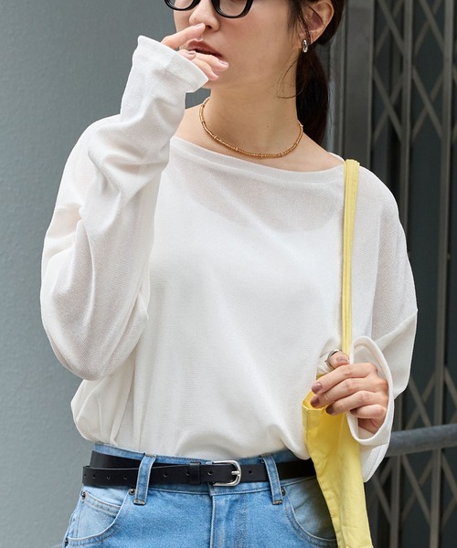 MONO-MART（モノマート）の「シアーベロアクルーネックプルオーバー（Tシャツ/カットソー・レディース・ブラック/アイボリー/ピンク/ダークブラウン/チャコール/ネイビー/サックスブルー/モカ・FREE）」の14枚目の写真