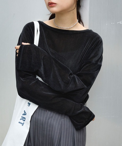 MONO-MART（モノマート）の「シアーベロアクルーネックプルオーバー（Tシャツ/カットソー・レディース・ブラック/アイボリー/ピンク/ダークブラウン/チャコール/ネイビー/サックスブルー/モカ・FREE）」の22枚目の写真