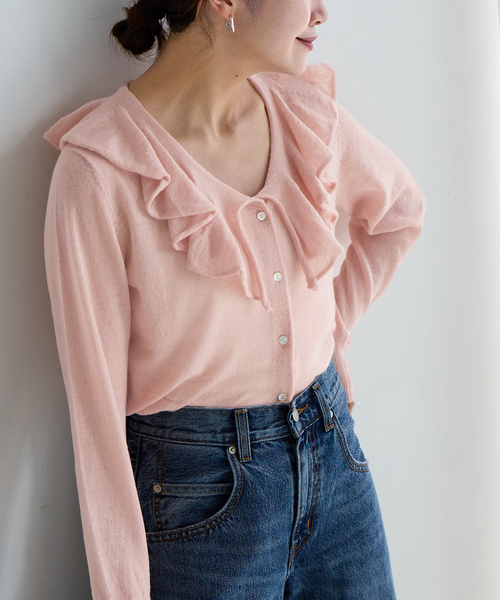 JOURNAL STANDARD(ジャーナルスタンダード)の「シアーアルパカMIXフリルカーディガン(カーディガン/ボレロ・レディース・ピンク/イエロー/グレー・FREE)」の3枚目の写真