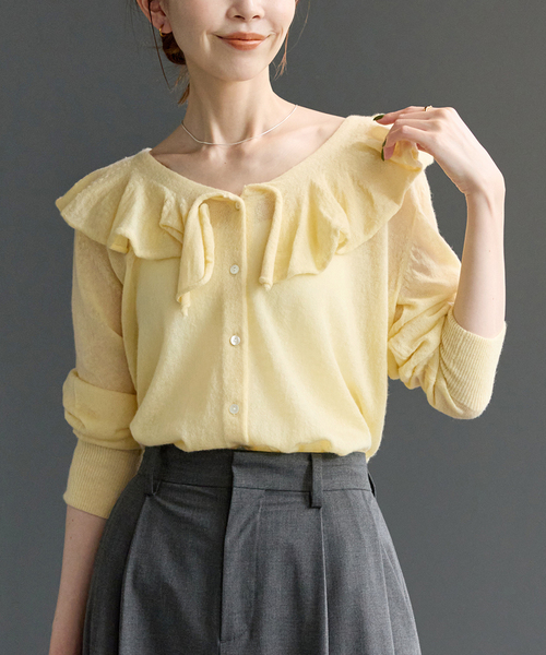 JOURNAL STANDARD(ジャーナルスタンダード)の「シアーアルパカMIXフリルカーディガン(カーディガン/ボレロ・レディース・ピンク/イエロー/グレー・FREE)」の1枚目の写真