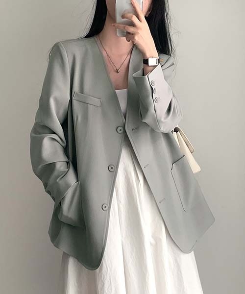 FREE STYLISTS(フリー スタイリスト)の「YUGA_YGMC No-collar A-line jacket(ノーカラージャケット・レディース・オフホワイト/ブラック/ライトグレー・FREE)」の11枚目の写真