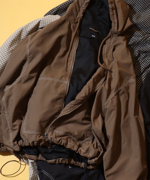 SITRY(シトリー)の「SITRY Nylon & Cotton Hoodie/別注 オーバーサイズ 配色ステッチ 無地 チェック柄 ジップパーカー フーディー ナイロンジャケット ブルゾン(ナイロンジャケット・メンズ・ブラック/ブラウン/ブラック系その他/ベージュ系その他・LL/M/L)」の3枚目の写真