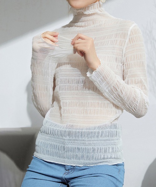 ONEP STAR(ワンピスター)の「シアー×ストライプハイネックトップス(Tシャツ/カットソー・レディース・ブラック/ベージュ/ホワイト・LARGE/X-LARGE)」の11枚目の写真