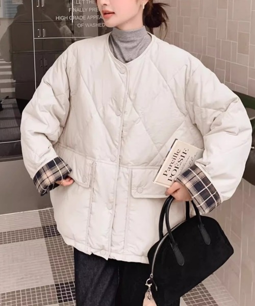 セール】チェックドッキングキルティングジャケット（ノーカラー
