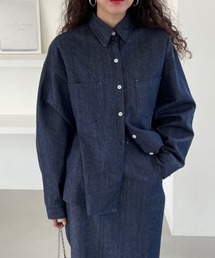 デニムシャツ+スリットスカートセットアップ