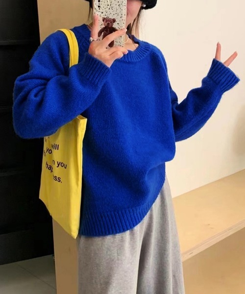 VIBGYOR（ヴィブジョー）の「ベーシック クルーネックニット / 春ニット 韓国ファッション カジュアル (CZ)（ニット/セーター・レディース・ブルー/ホワイト/グリーン/オレンジ/レッド/ブラック/アイボリー・FREE）」の5枚目の写真