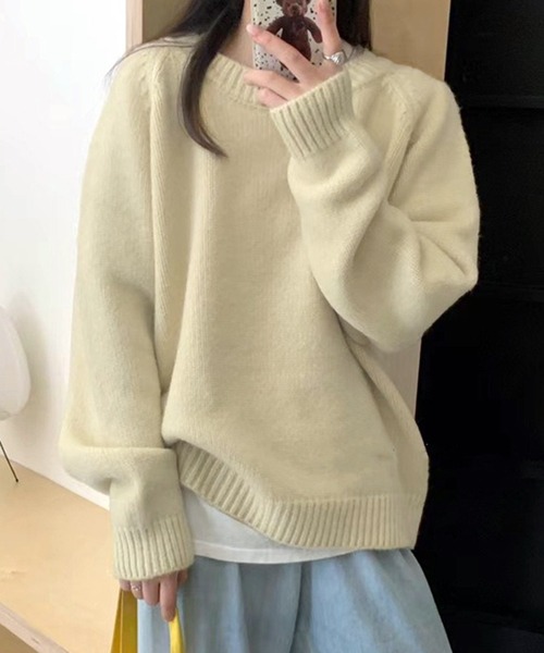 VIBGYOR（ヴィブジョー）の「ベーシック クルーネックニット / 春ニット 韓国ファッション カジュアル (CZ)（ニット/セーター・レディース・ブルー/ホワイト/グリーン/オレンジ/レッド/ブラック/アイボリー・FREE）」の2枚目の写真