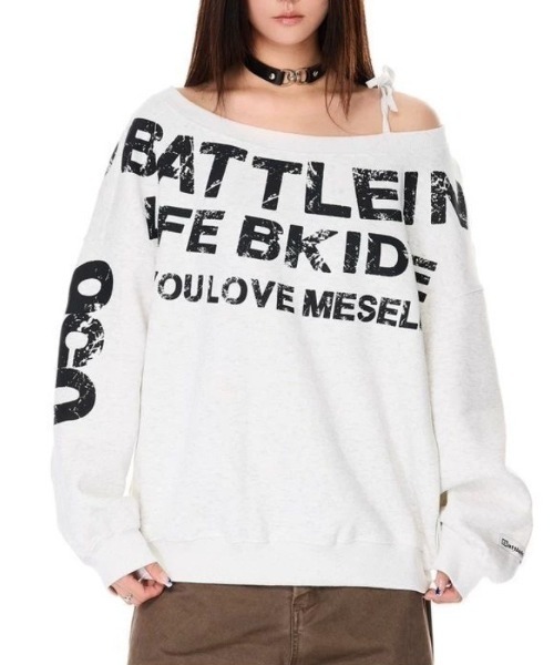 lilful(リルフル)の「オフショル ショルダーリボン ヴィンテージレタリングロゴプリントスウェット(Tシャツ/カットソー・レディース・ライトグレー/ネイビー・M/L)」の10枚目の写真
