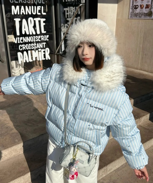 セール】ふわもこリボン柄ビッグファーダウン/Y2Kビッグファーフード