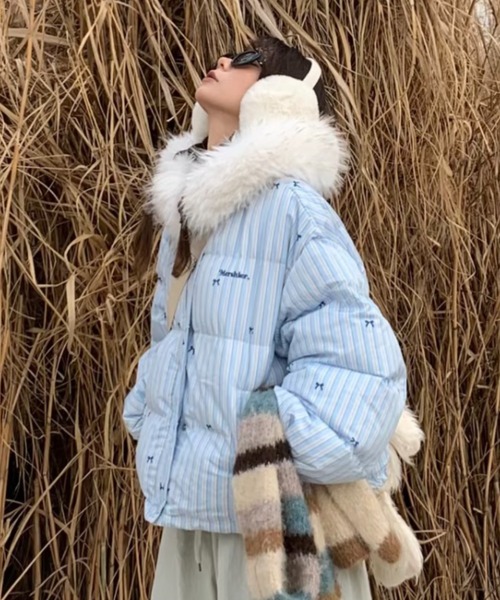 セール】ふわもこリボン柄ビッグファーダウン/Y2Kビッグファーフード