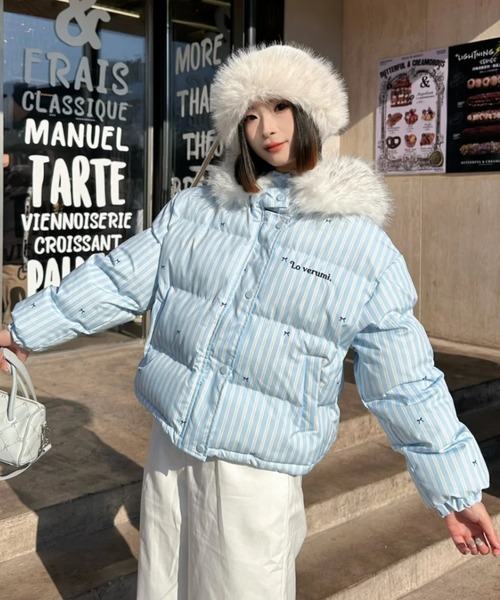 セール】ふわもこリボン柄ビッグファーダウン/Y2Kビッグファーフード