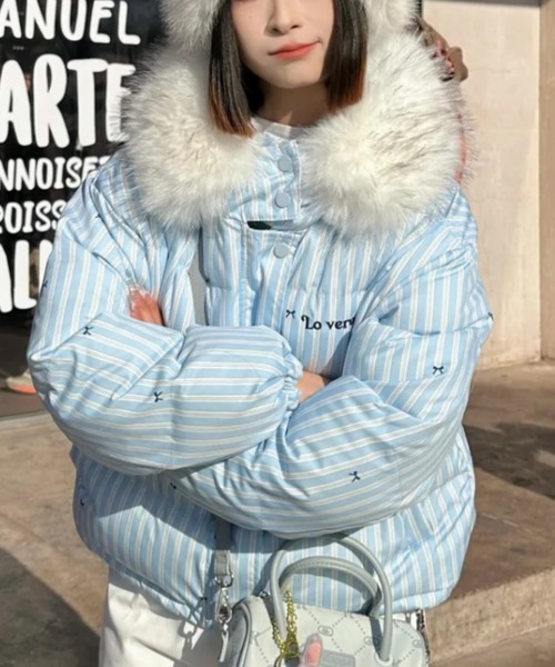 セール】ふわもこリボン柄ビッグファーダウン/Y2Kビッグファーフード