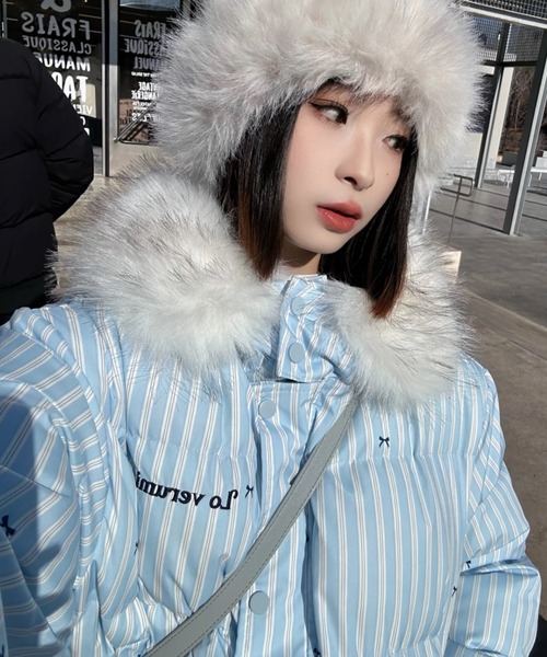 セール】ふわもこリボン柄ビッグファーダウン/Y2Kビッグファーフード