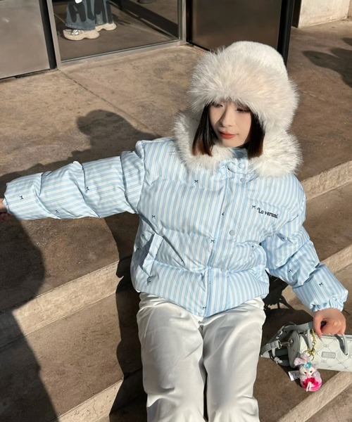 セール】ふわもこリボン柄ビッグファーダウン/Y2Kビッグファーフード